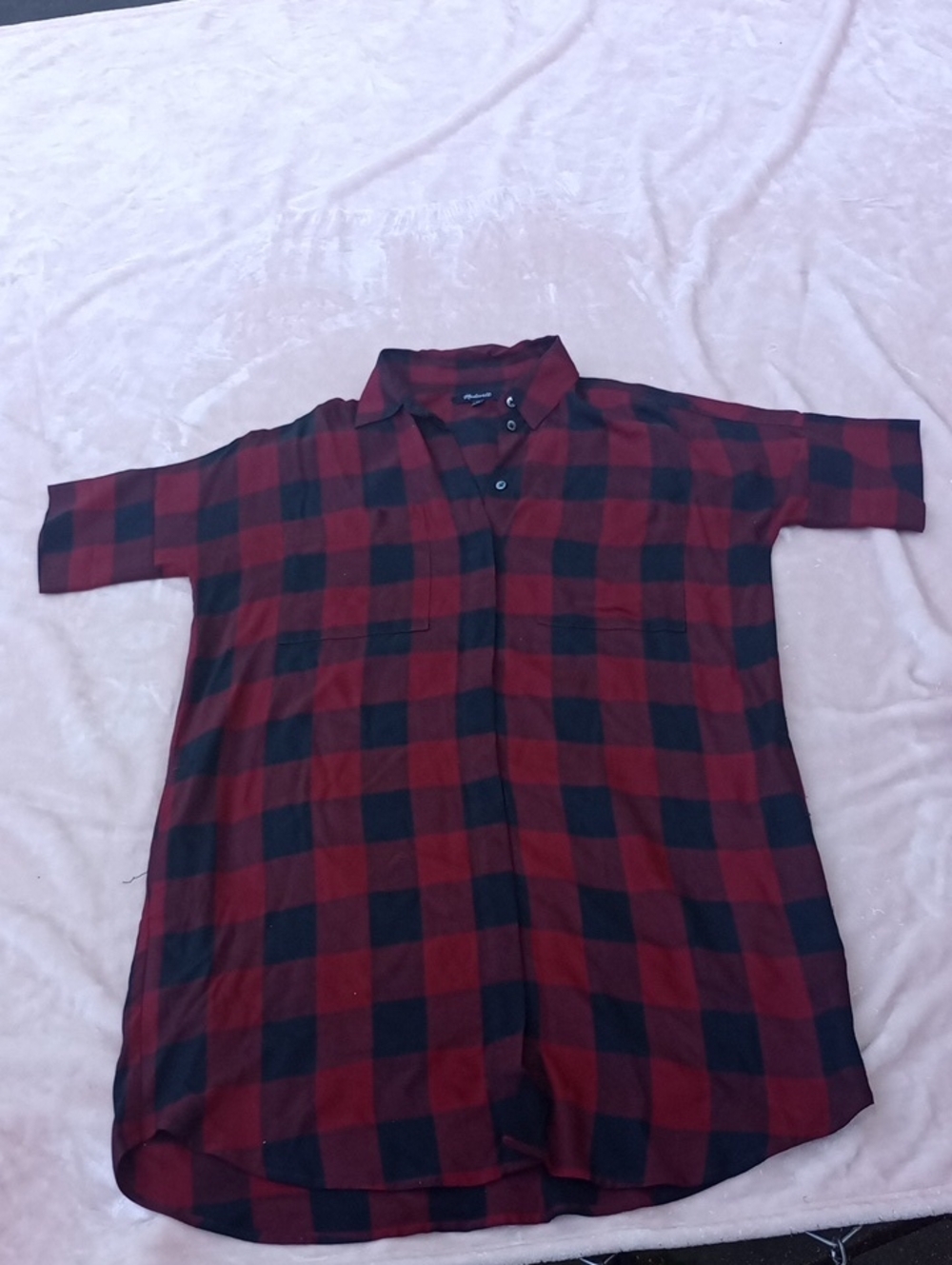 Madewell Red and Black Plaid Short-Sleeve Tunic